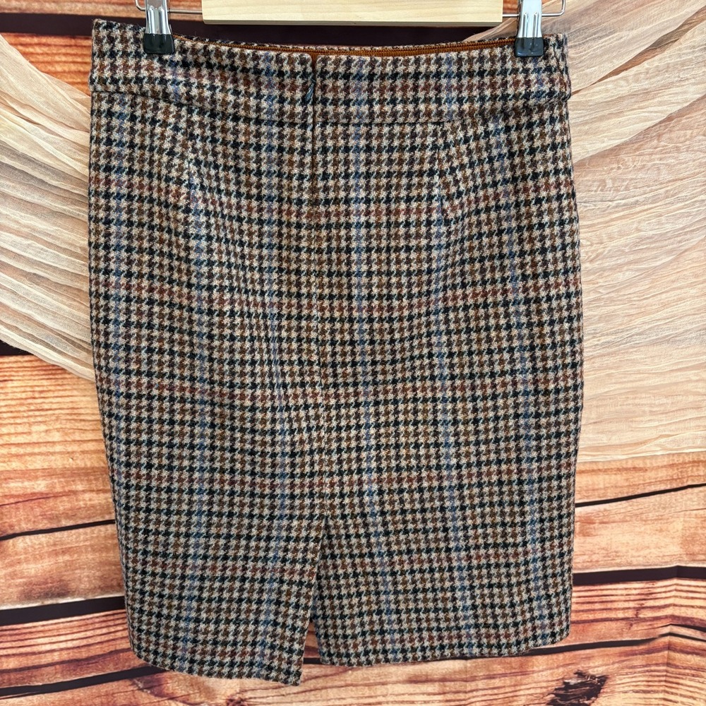 J. Crew No. 2 Pencil Black/Tan Multi Houndstooth 100% Wool Blend Skirt Lined Sz2 - Picture 2 of 8